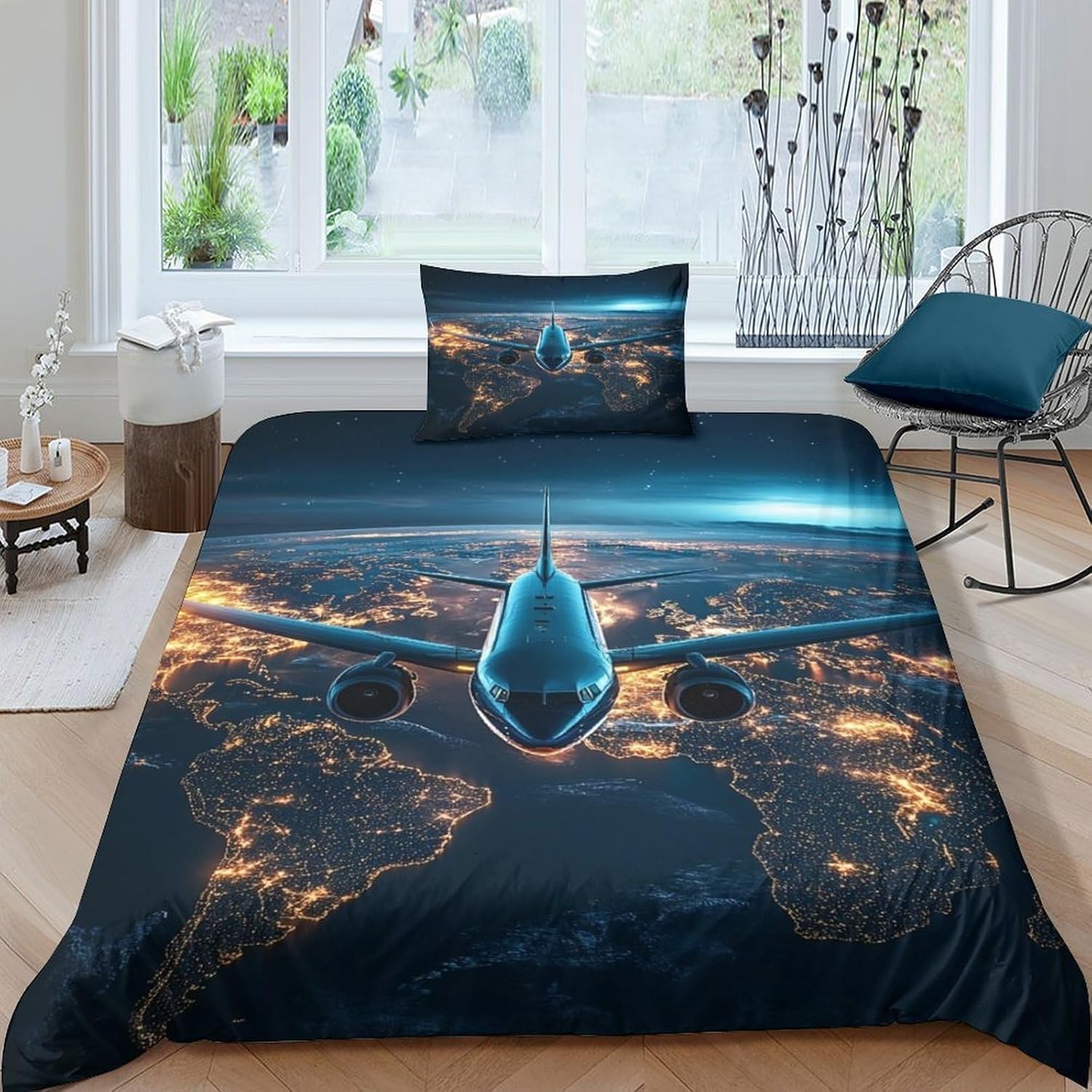 Parure de lit 1 personne avion sous le ciel nocturne pour chambre enfant