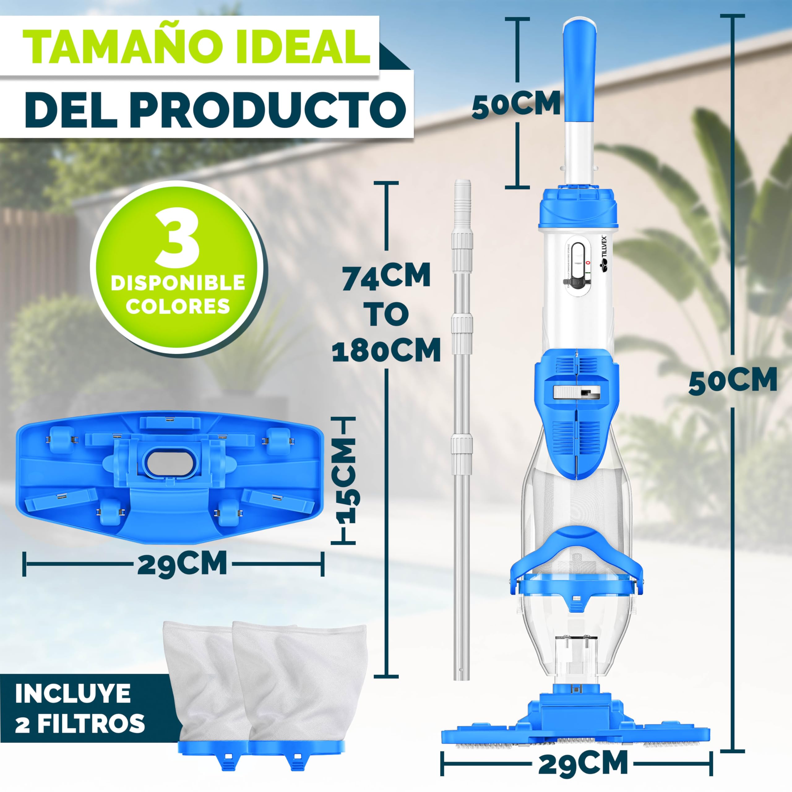 tillvex Aspirador de Piscina con batería y Barra telescópica + Filtro de Repuesto de hasta 15 m³ | Aspiradora eléctrica para Piscina con Filtro y 60 min de autonomía | Set de Limpieza inalámbrico