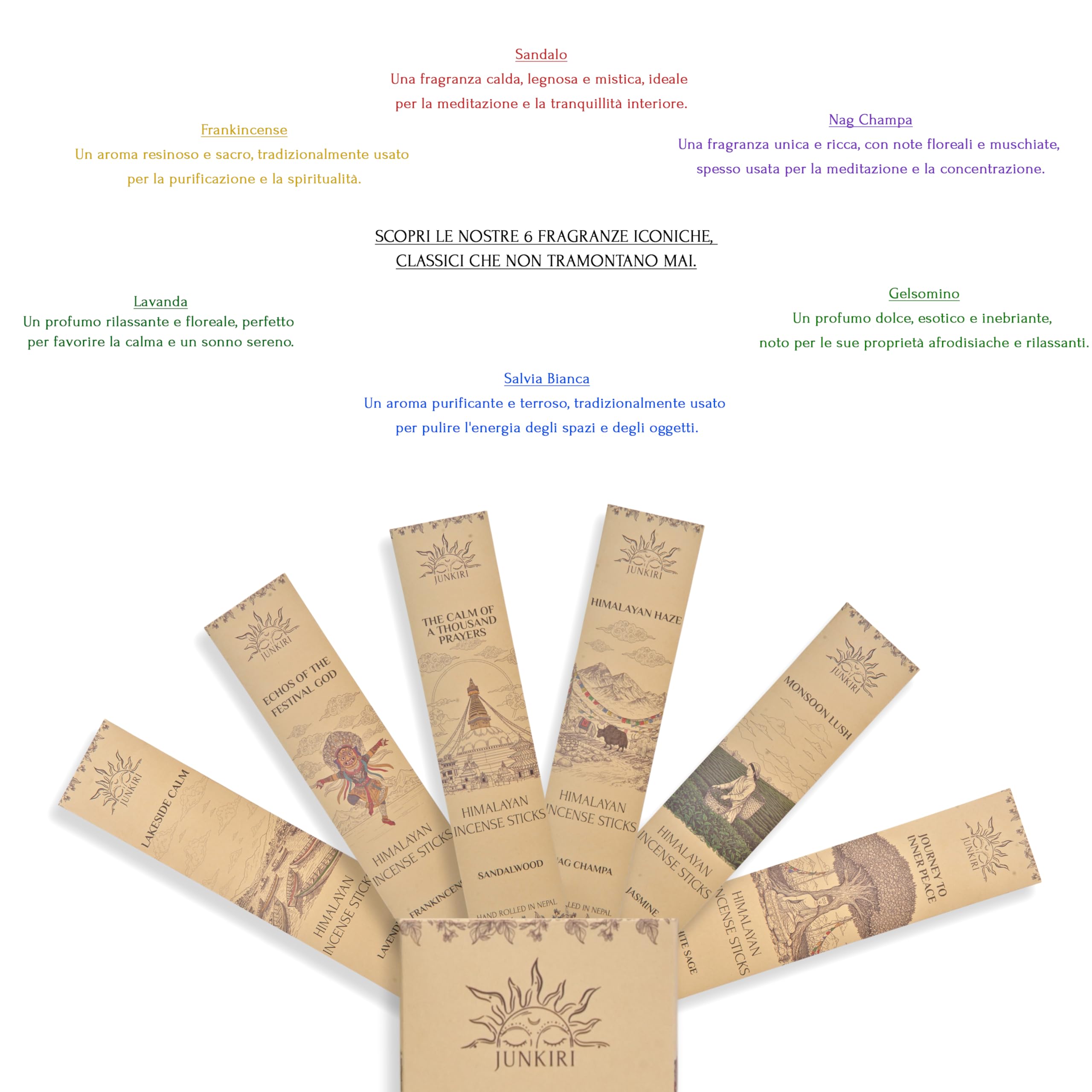 Incenso Nepalese Fatto a Mano, Set di 6 fragranze, 90 bastoncini, Nag Champa, Lavanda, Sandalo, Gelsomino per meditazione, guarigione, aromaterapia, relxazione, vibrazioni positive, incenso Himalayano