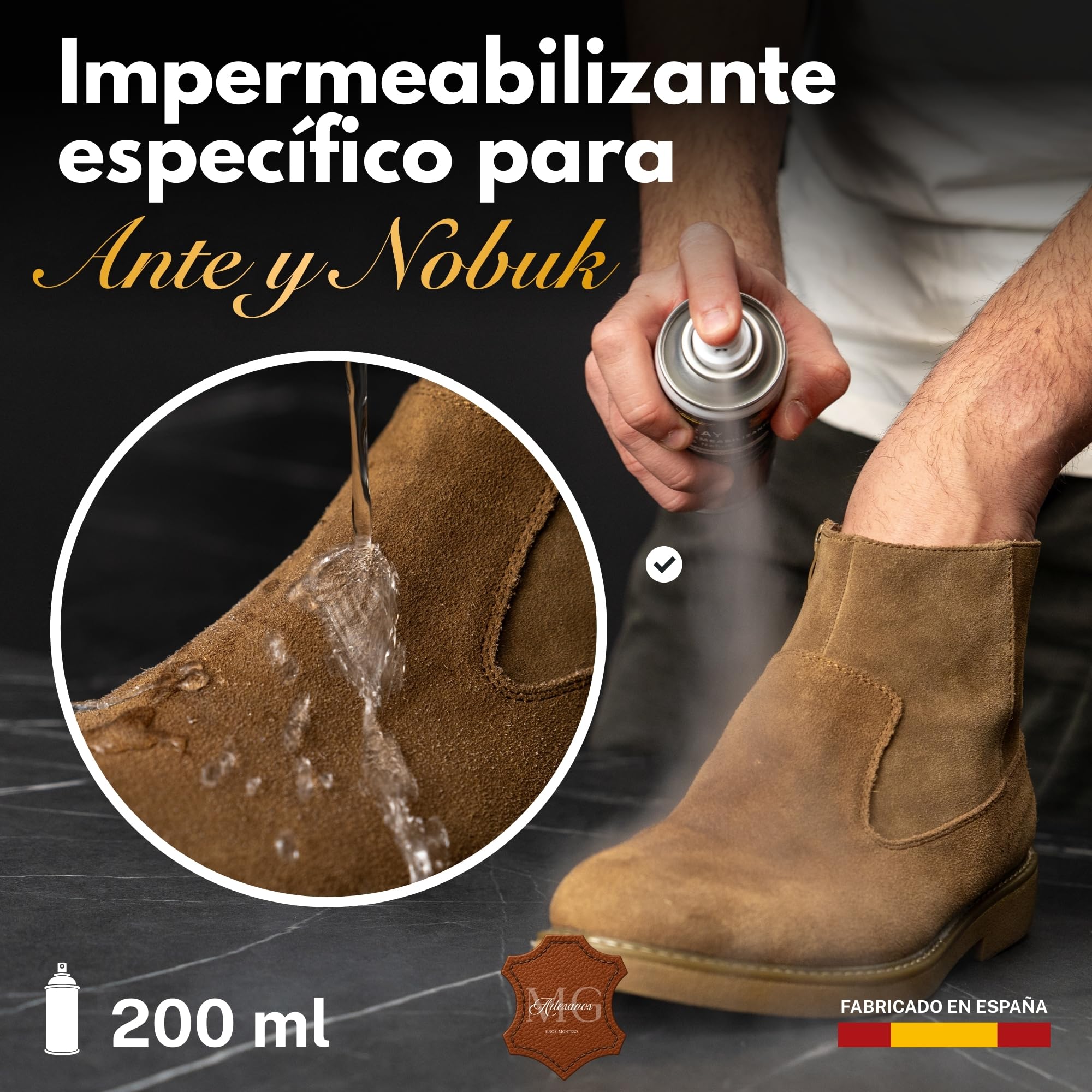 MG ARTESANOS | Spray Impermeabilizante para Calzado y Accesorios – Protector para Ante y Nobuk, Repelente de Agua y Manchas para Zapatillas, Botas y Bolsos