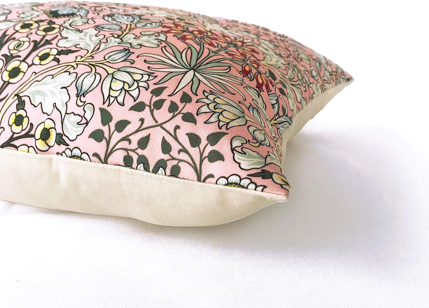 Decorative Throw Pillow Cover, William Morris Inspired Floral Design, 18x18 Inches, Cotton Satin, Pink Yellow Blue, Handcrafted (Pink)