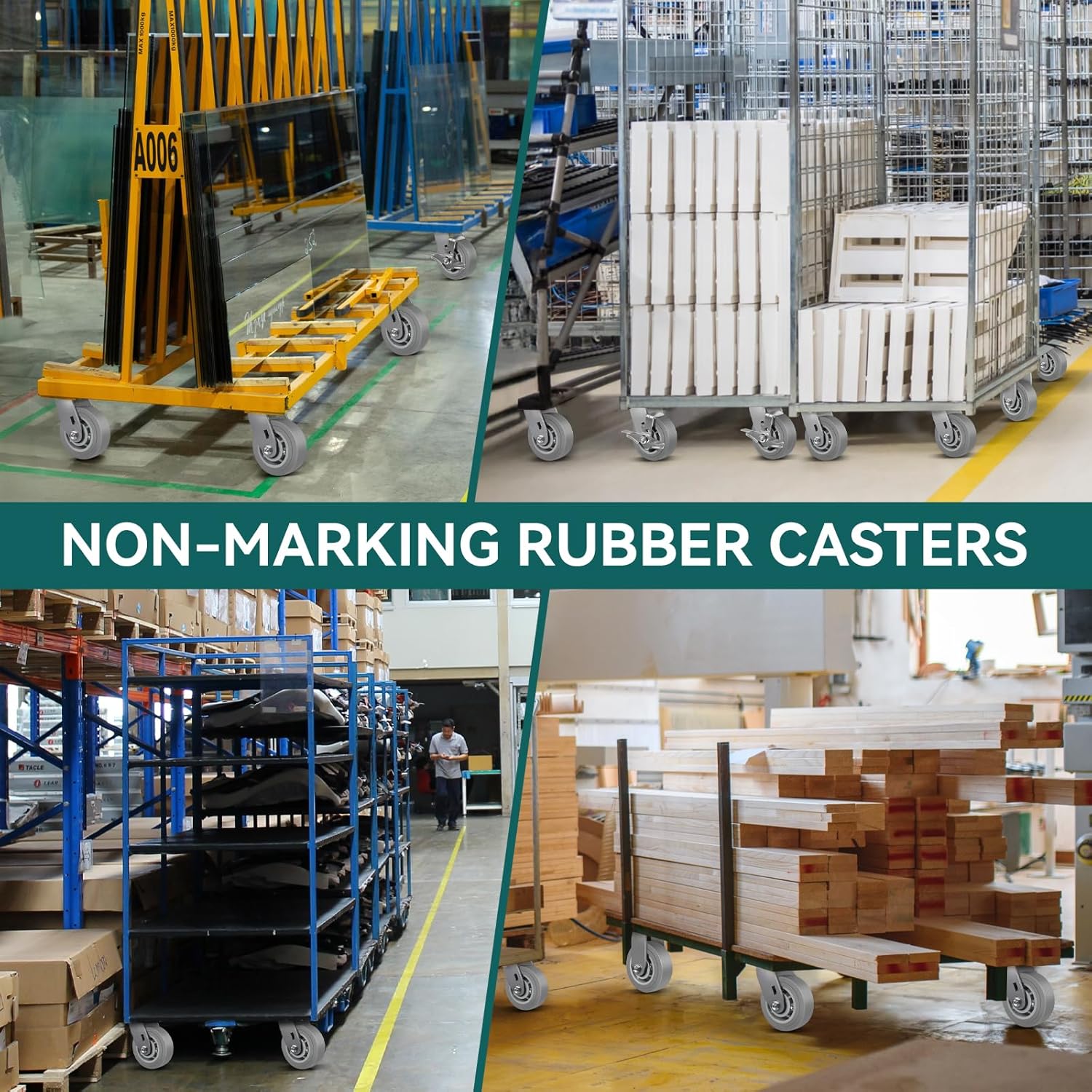 5'' × 2'' Caster Wheels, Heavy Duty Industrial Casters, Rubber Wheels with Roller Bearing, Load 700lbs per Swivel Caster for Cart Dolly Toolbox Trolley (2 Brake)