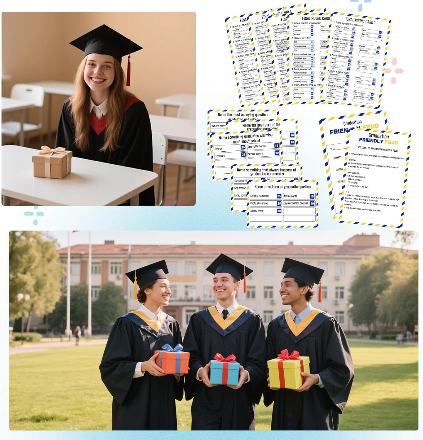 Graduation Party Friendly Feud Game with 2 Answer Buzzers, Team Building Feud Cards for Graduation Game Night Fun Trivia Quiz for Students Teachers Groups