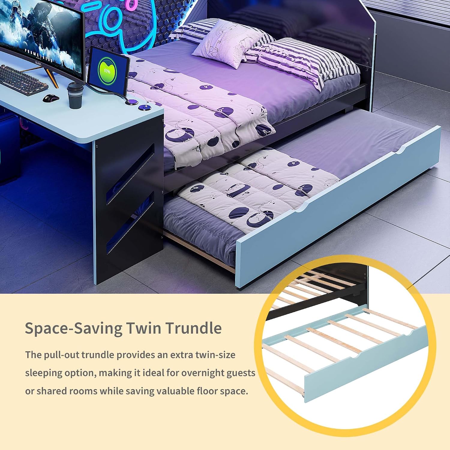 Polibi Daybed with twin trundle pulled out, showing space-saving feature