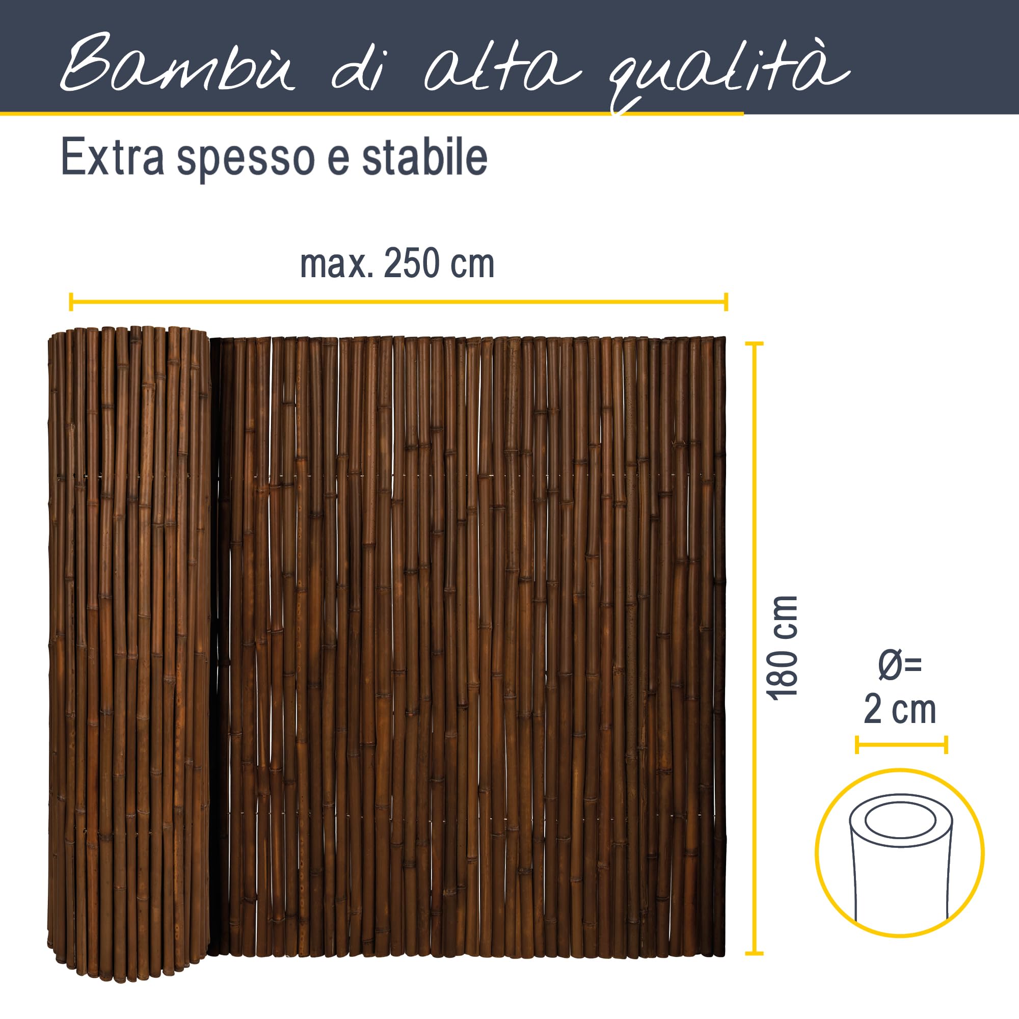 Sol Royal Premium Bamboo Fence 180x250cm B23 Dark Brown - canne di bambù indurite di Alta qualità Ø 2-3cm, Recinzione in bambù Resistente alle intemperie per Uso Interno ed Esterno