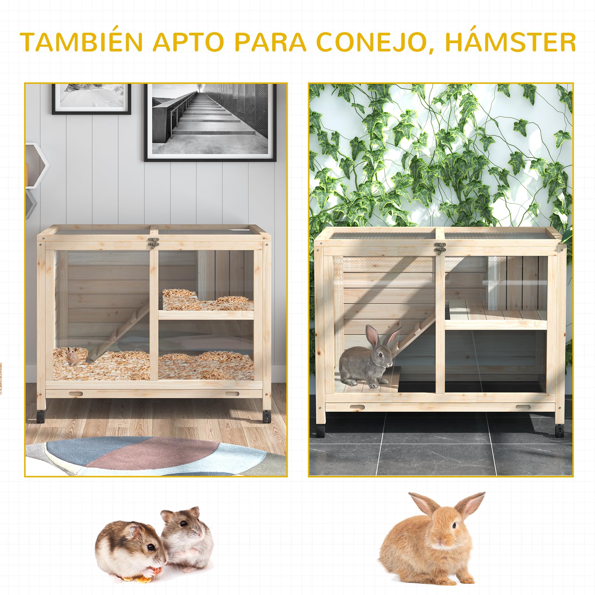 PawHut Conejera de Madera con Ruedas 91,5x53,3x73 cm Jaula para Conejos de 2 Niveles con Techo Abatible Bandeja Extraíble y Rampa Natural