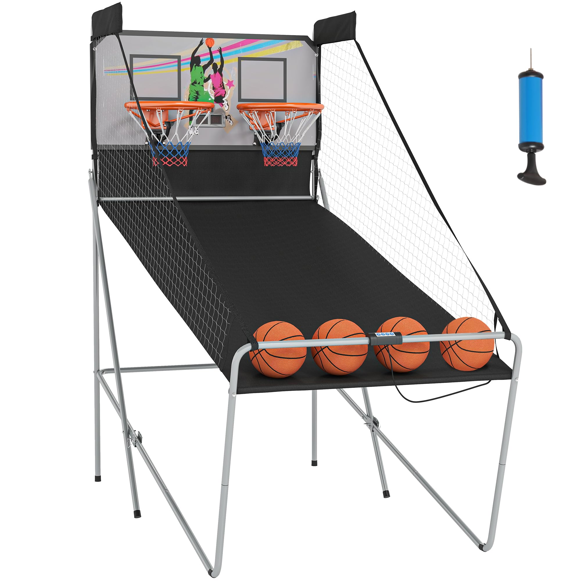 HOMCOM Juego de Canastas Plegable, Máquina de Baloncesto con Contador y Marcador Electrónico, Acero, 205x110x205 cm