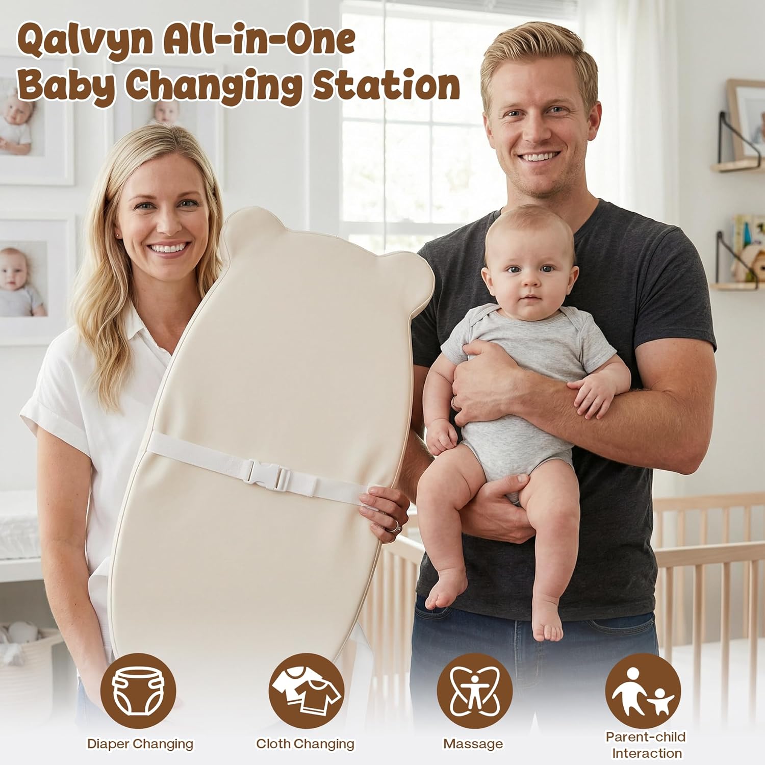 Baby Diaper Changing Pad with Wipeable & Waterproof PU Cover, Contoured Baby Changing Pad for Dresser, Non-Slip Changing Table Pad with Adjustable Strap, Cushioned Contoured Foam