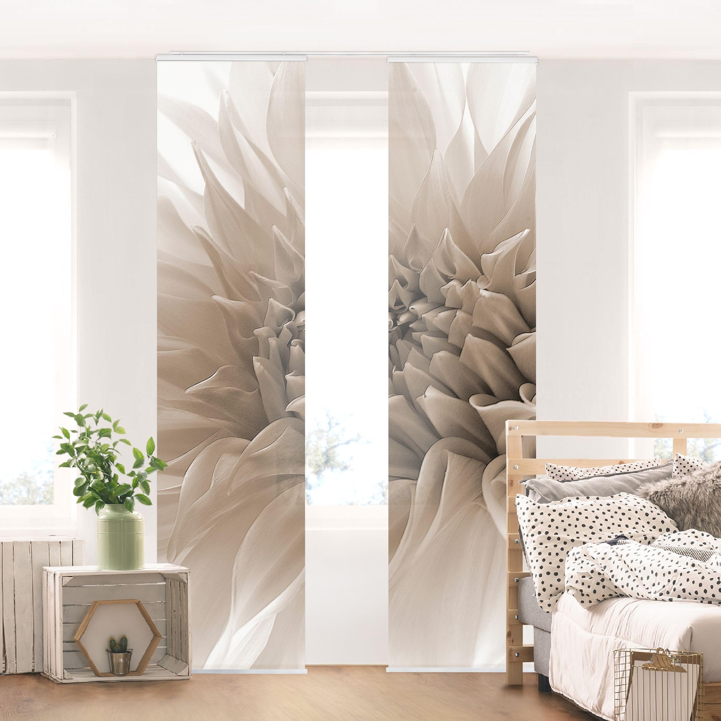 Schiebegardine halbtransparent 60er Paneel Klett Blumen Textil lichtdurchlässig - Motiv Modern Flächenvorhang beige Wohnzimmer Schlafzimmer 1179 (120x250 cm - 2er Set)