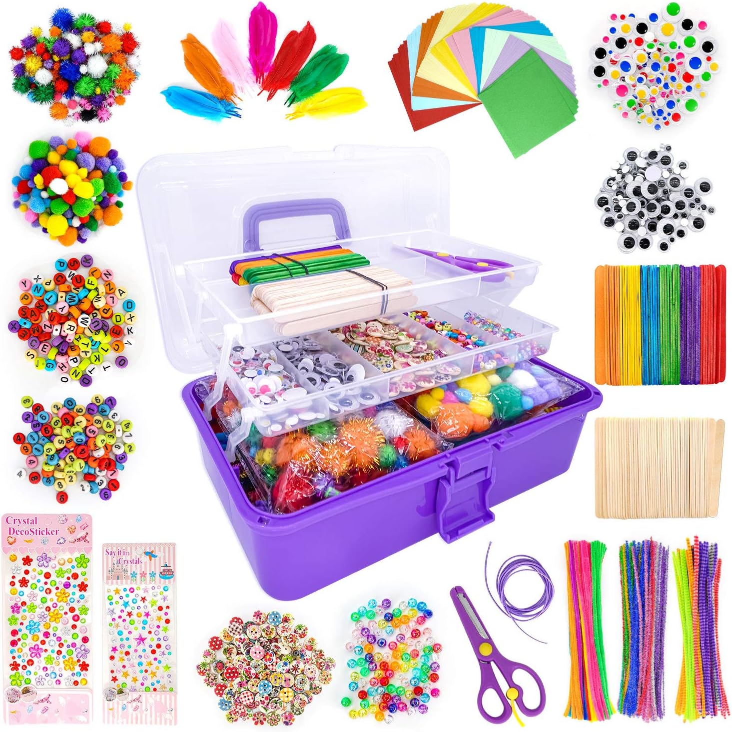 - kortes Jumbo Art and Craft Supplies for Kids, Toddler DIY Craft Art Supply Set Included Pipe Cleaners, Pom Poms, Feather, Folding Storage Box - All in One for Craft DIY Art Supplies (Purple)
