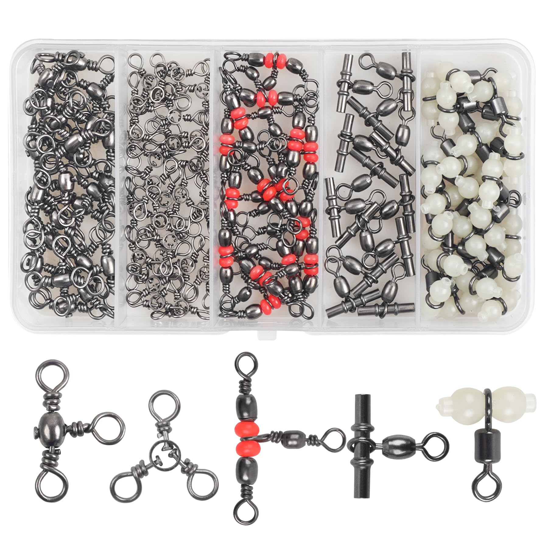 JOGFFDE 3 Way Fishing Swivels Kit,110pcs Three Way Crossline Fishing Swivels Triple Swivels Fishing Line Connectors Catfish Surf Fishing Rig Saltwater Freshwater Fishing Accessories