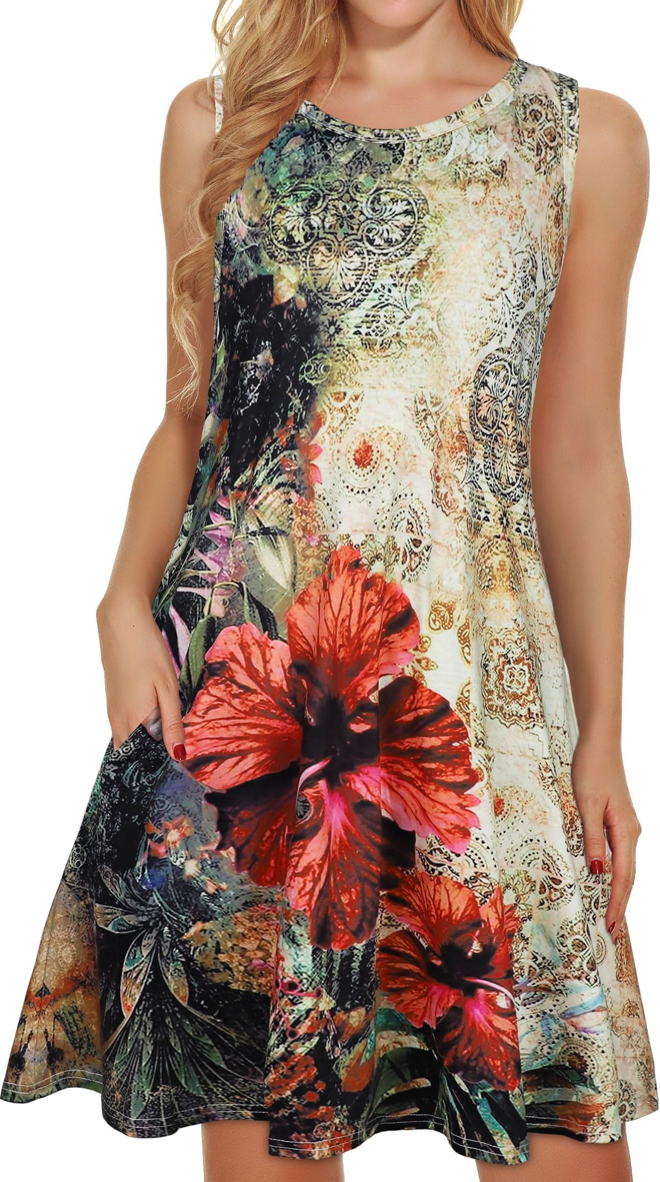 elescatSummer Dresses for Women Beach Floral Tshirt Sundress Sleeveless Pockets Casual Loose Tank Dress