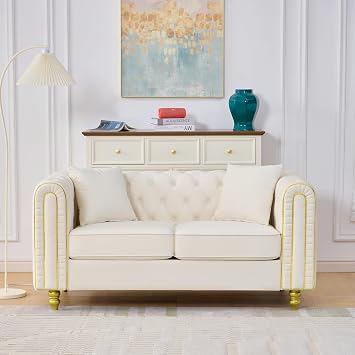 Velvet 2-Seater Loveseat Sofa, Tufted Chesterfield Couch with Gold Solid Wood Legs, Upholstered Compact Sofa for Living Room, Bedroom, Apartment, Office, Beige