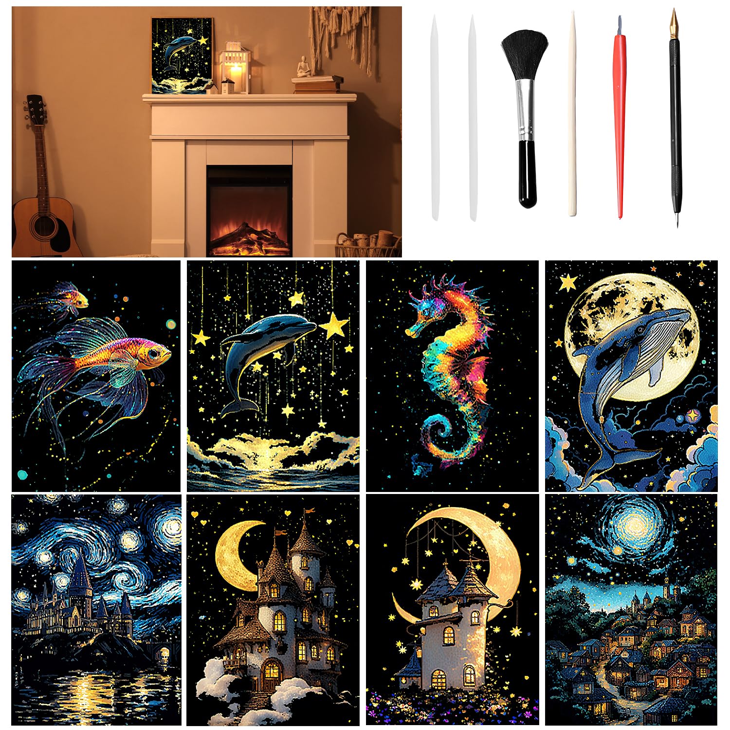 VLYX Scratch Art for Adults and Kids - 8-Piece Luminous Rainbow Scratch Notes Kit with Scratching Tools, Creative Art Supplies Children & AdultsOcean & Night Sky
