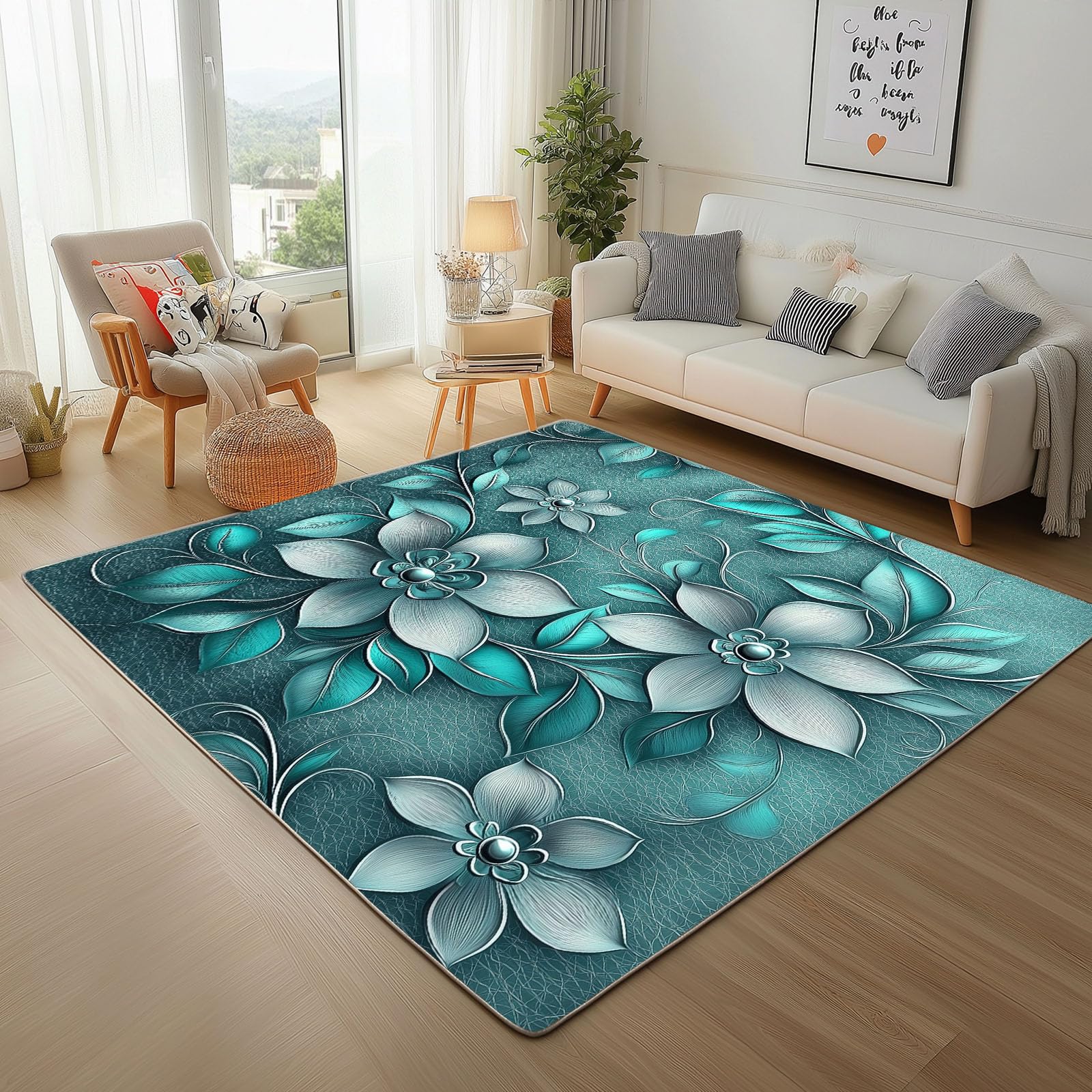 Tapis salon 140x200 cm vert turquoise à relief floral