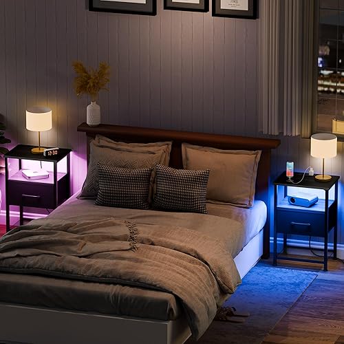 Miniatura 10 de Juego de 2 mesitas de noche con cajón, mesa auxiliar con valla de metal, mesa auxiliar de almacenamiento de 3 niveles con estante de malla, para