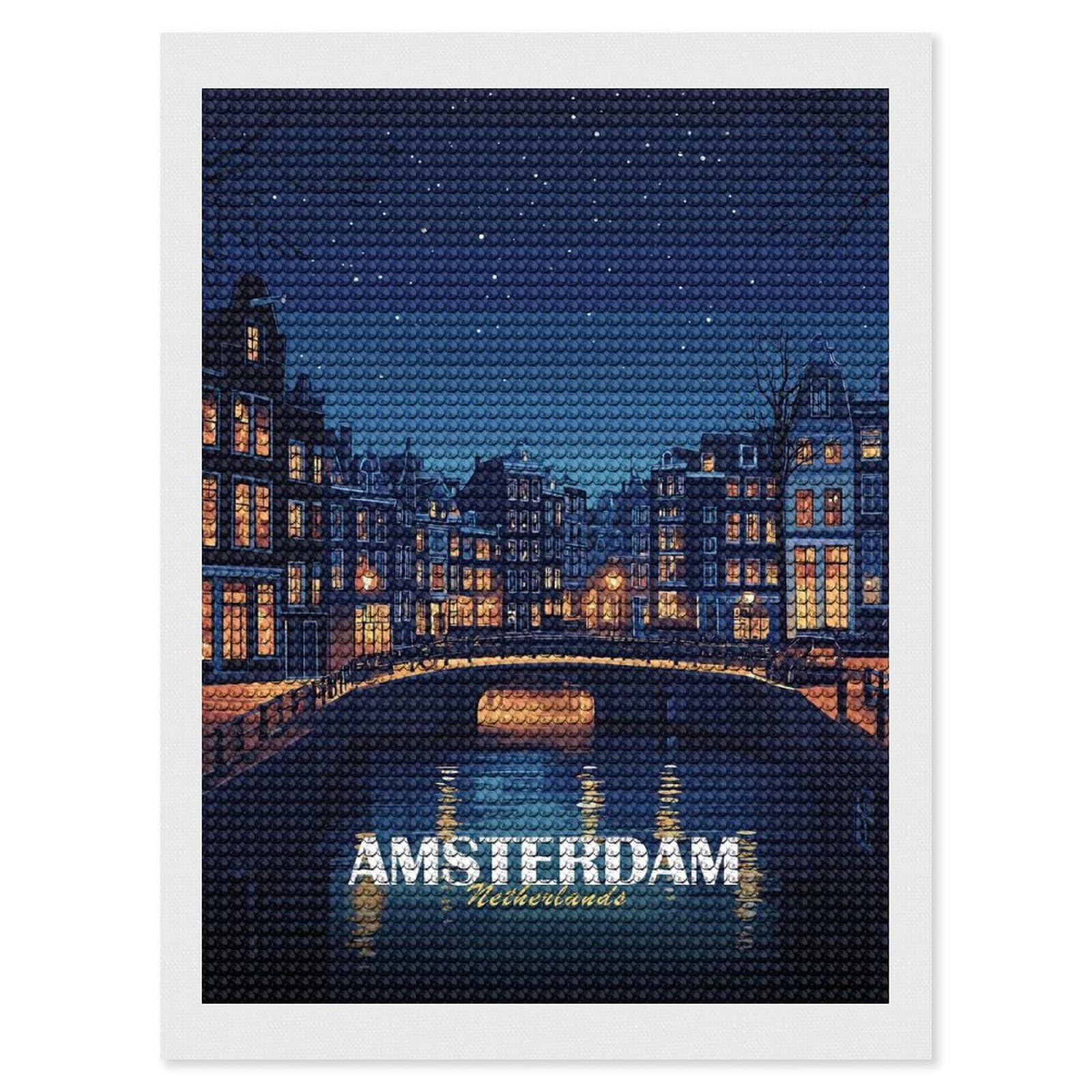 Junmoney Amsterdam Netherlands Night Cityscape Full Drill Diamond Painting Kit 12"x16", Mindful Craft Activity, Bedroom Decor, for Adults, Gift Idea