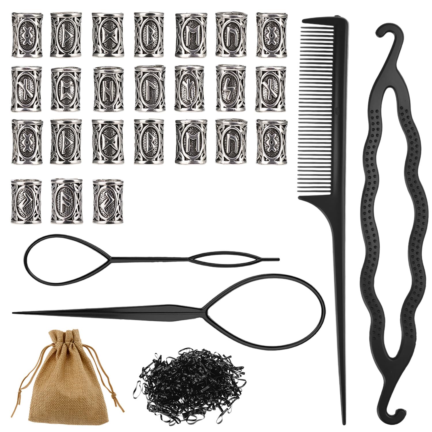 QWORK® Viking Runes Beard Beads for Men - 24 Piece Set with Dreadlock Beads, Rubber Bands, Hair Styling Tools & Pouch
