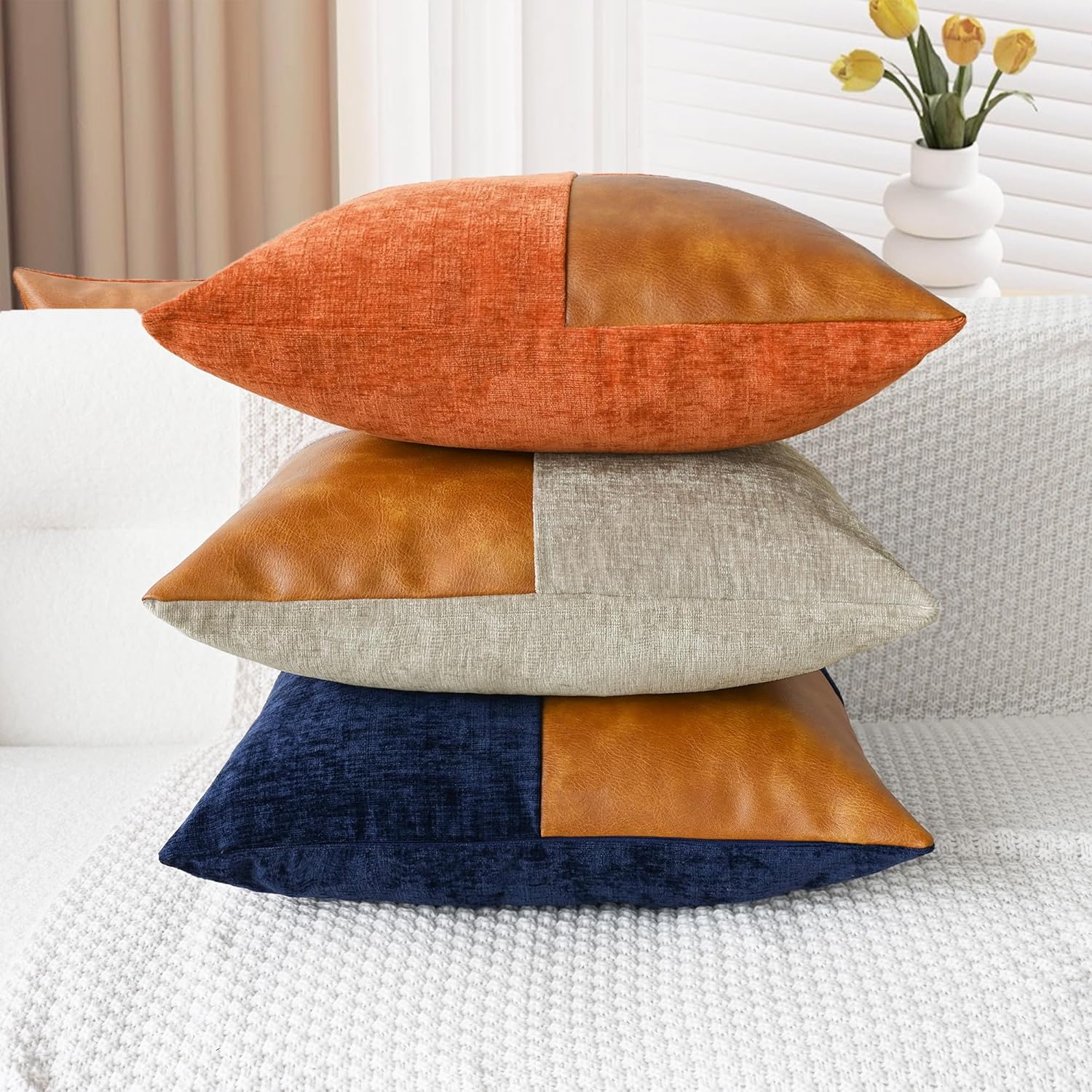 CaliTime Throw Pillow Covers Decorative 18 X 18 Inches Pack of 2 Cozy Chenille Faux Leather Splicing Cushion Cases for Couch Sofa Bed Living Room Home Burnt Orange - Image 4