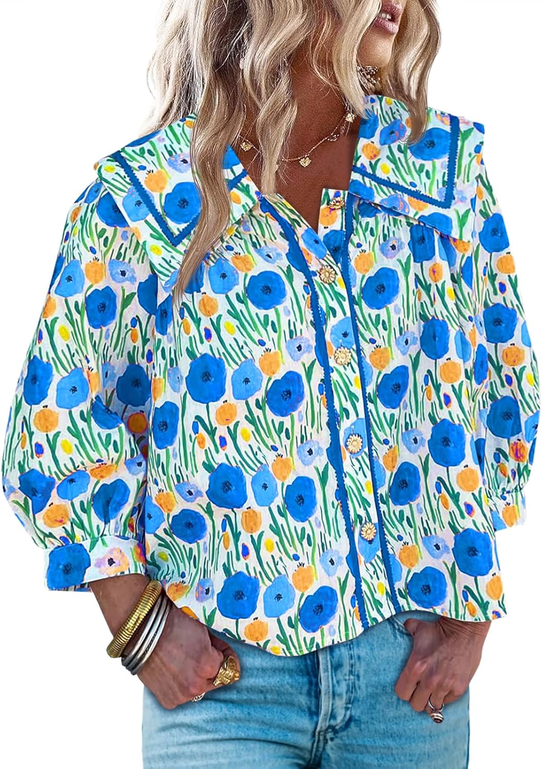 Cicy Bell Womens Floral Button Down Shirts Trendy Casual 3/4 Lantern Sleeve Blouse Square Neck Collared Tops