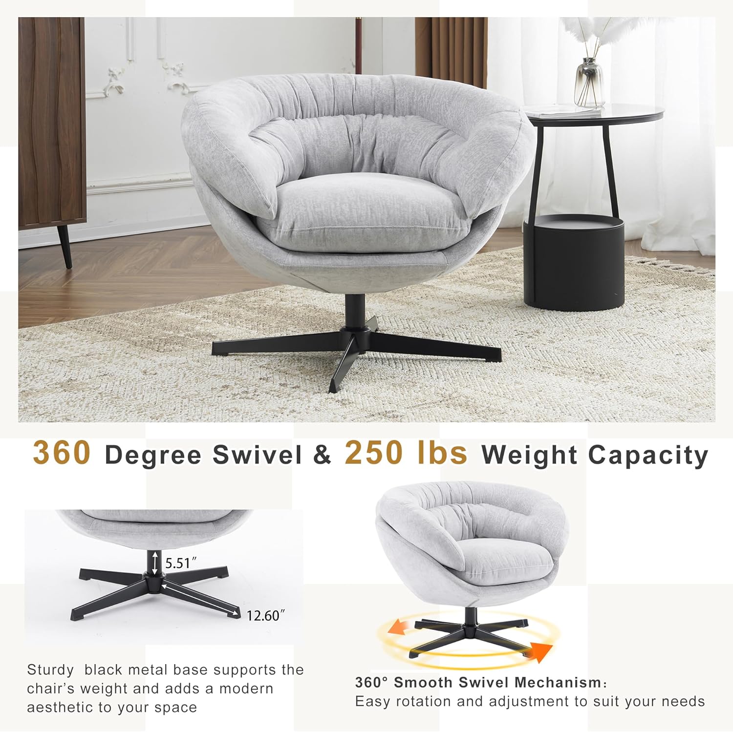 Christopher Knight Home 360° Swivel Club Chair,Chenille Upholstered Accent Chair with Removable Cushion, Round Office Chair with Black Metal Base,Gray