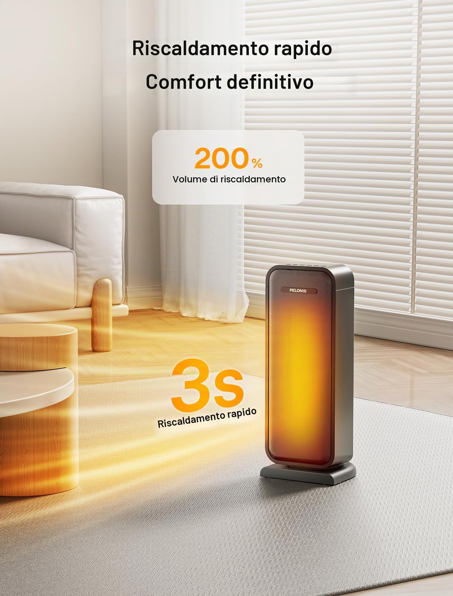 Pelonis 2000W Riscaldatore a Torre Elettrico Ausiliario con Telecomando, Efficienza Energetica, Riscaldatore Portatile in Ceramica per il Bagno, Protezione Contro il Surriscaldamento e l'Inclinazione