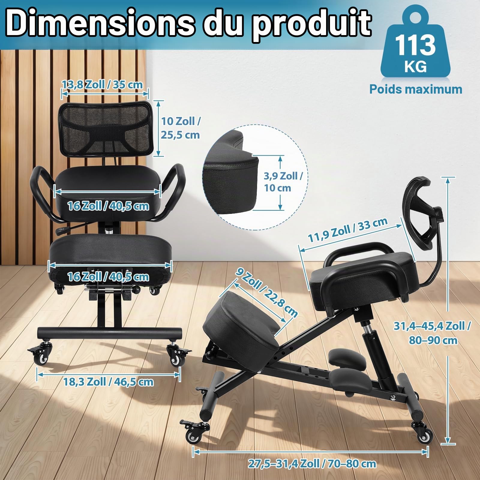 Generisch Chaise de bureau ergonomique avec pédales, hauteur réglable et soutien lombaire pour banques et salles de conférence, bureaux, amélioration de la posture