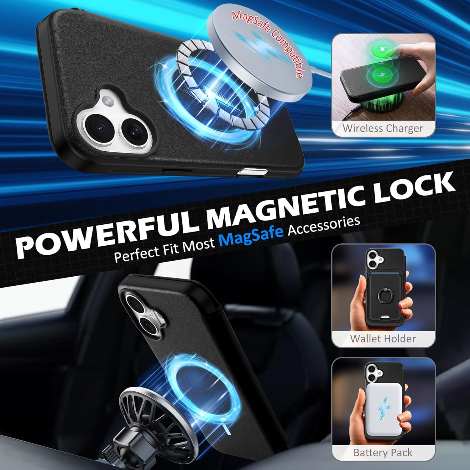 SHIELDON Case for iPhone 16 6.1", Genuine Leather Wallet Slim Magnetic Wireless Charging Folio RFID Blocking Credit Card Holder Full Protection Cover Compatible with iPhone 16 5G 2024 - Black
