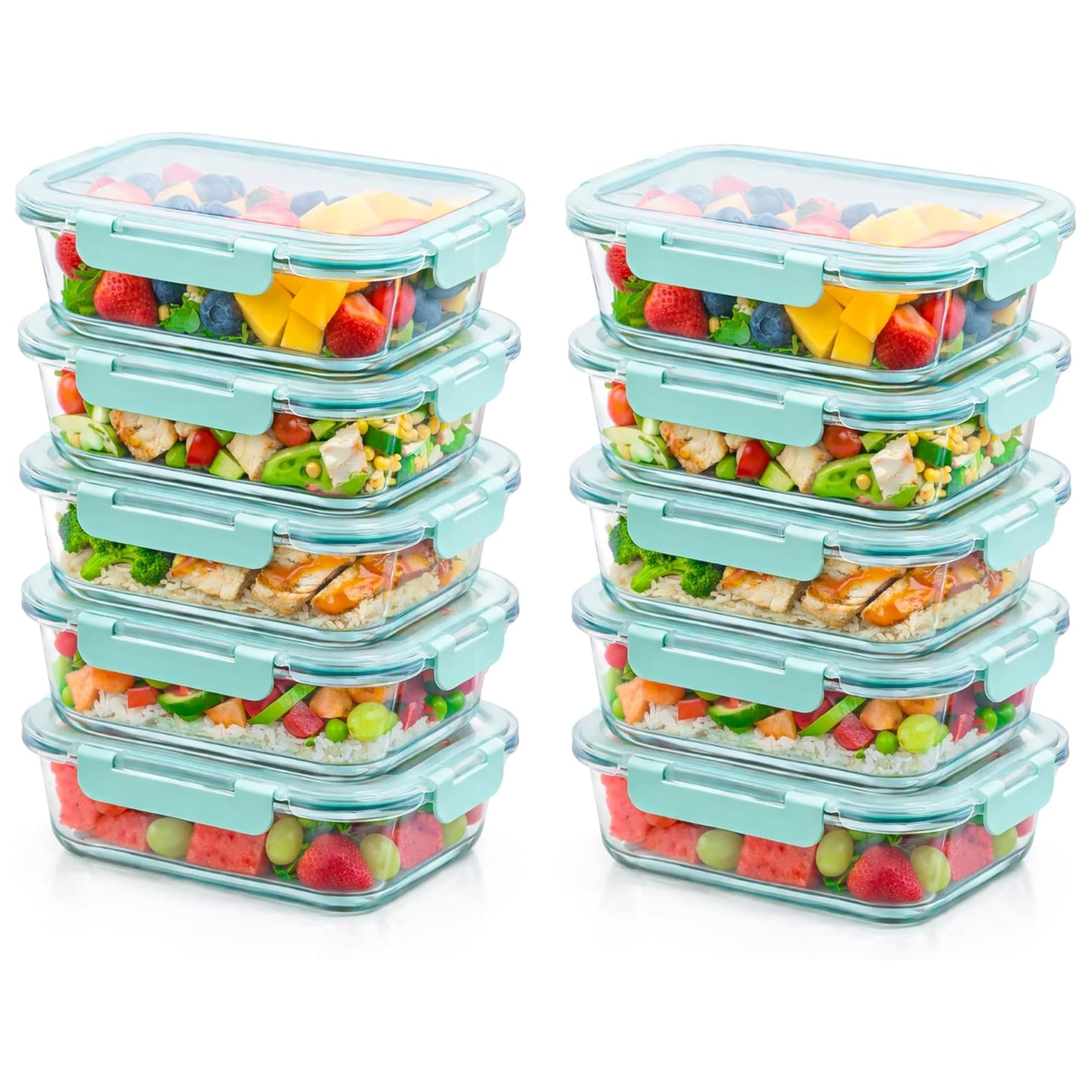Innoteck Green Glass Food Storage Container Set with Airtight Locking Lids (1040ml each) – Rectangular Borosilicate Meal Prep Boxes, Leakproof & Dishwasher Safe - Pack of 10