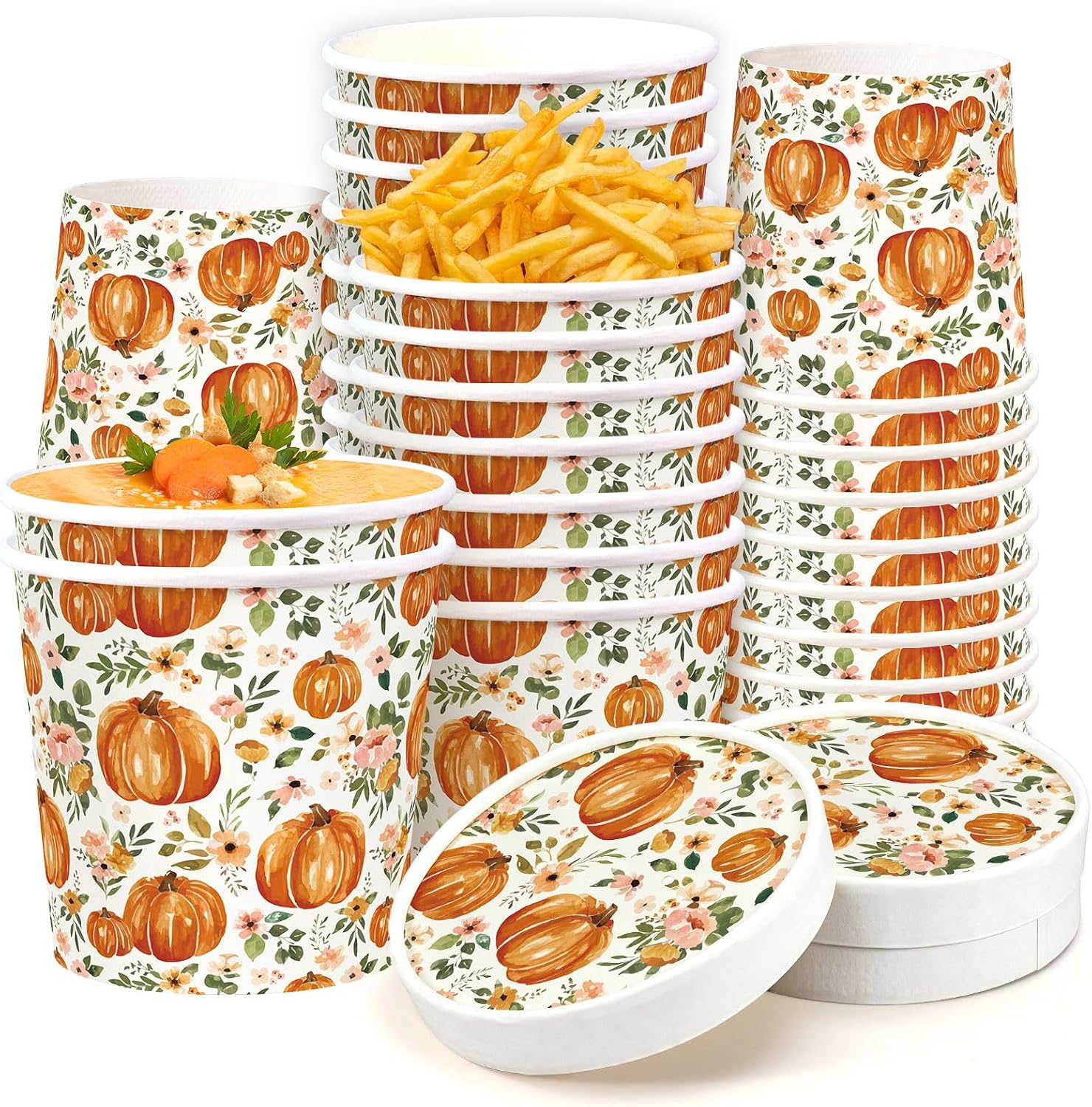 FYSUIMU 50Pcs Fall Kraft Paper Soup Container with Lids 12Oz Autumn Boho Pumpkin Floral Paper Food Bowls Disposable Cup for Thanksgiving Wedding Party Storing Food Carrying Out