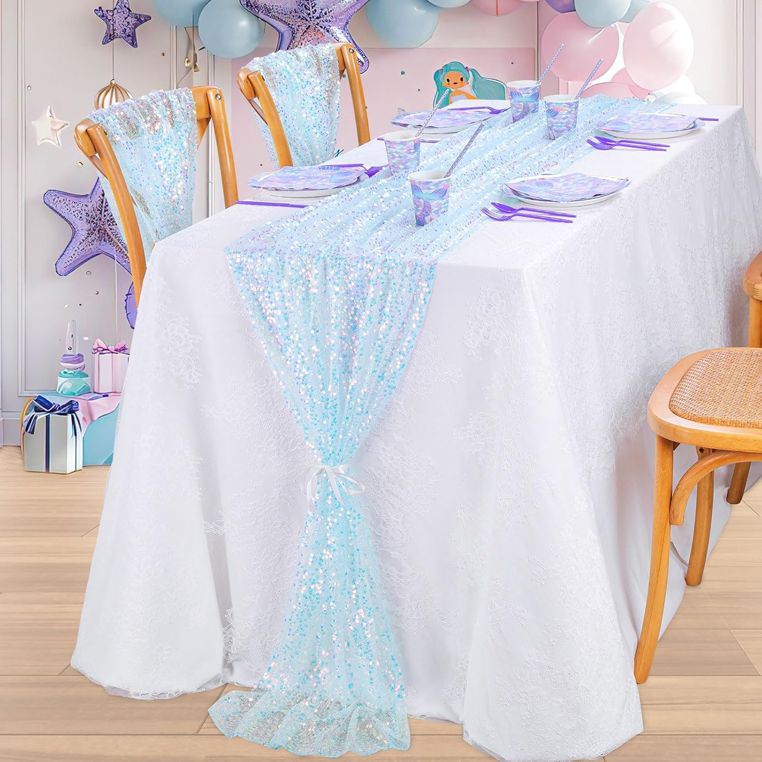 MoKoHouse Blue Table Runner Sequin Fabric - Blue Party Decorations 12 x 72 Inches 4 Packs Table Linens Runner for Ocean Under The Sea Party Decorations