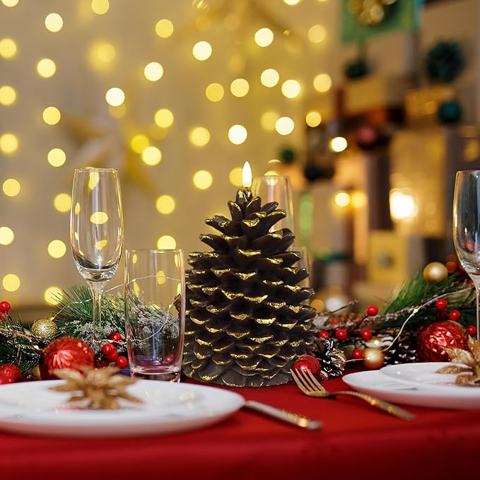 Yongmao Large Pine Cone Flickering Flameless Candles with Timer, Battery Operated Real Wax LED Candles for Christmas Home Party Decoration, Brown photo 2