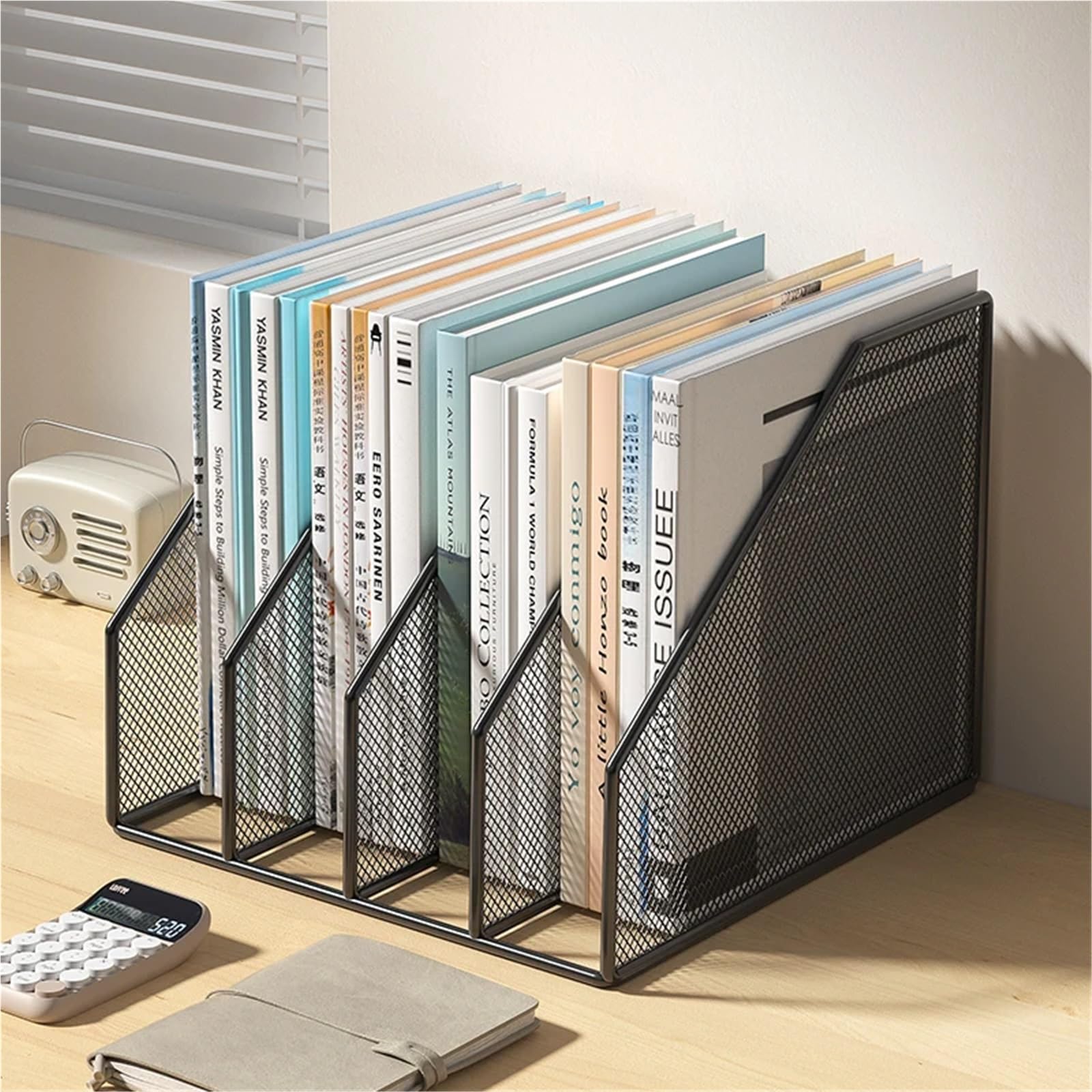 organisateur bureau Metal File Rack Office Desk Shelf Standing Desktop Folder Box Storage Data Stationery Organizer(4T-Black)