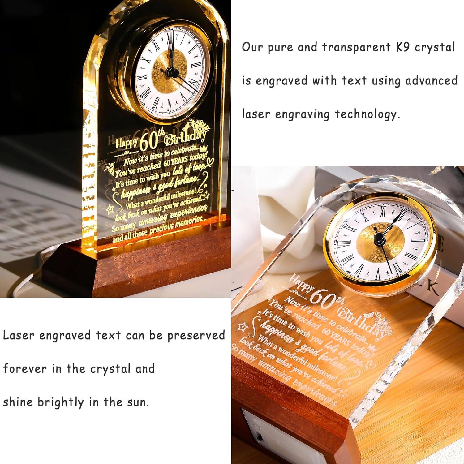 Happy 60th Birthday Quartz Clock Gifts for Men Women, 60 Years Old Birthday Present for Parents Mom Dad, 60th Birthday Gift for Couple, Quartz Clock with Wooden LED Light Base - Image 3
