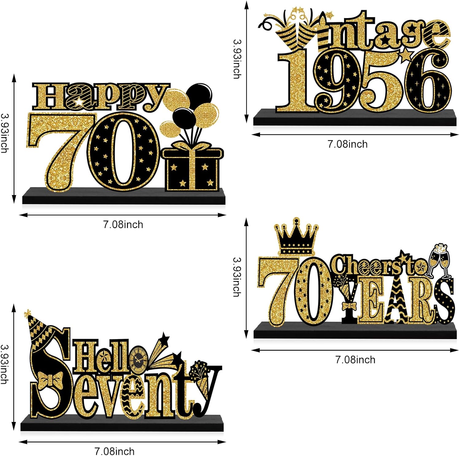 4 Pieces 70th Birthday Decorations Wooden Vintage 1956 Table Party Supplies, Black Gold Cheers to 70 Years Table Centerpieces Sign, Happy 70th Anniversary Bday Hello Seventy Table Decor - Image 2