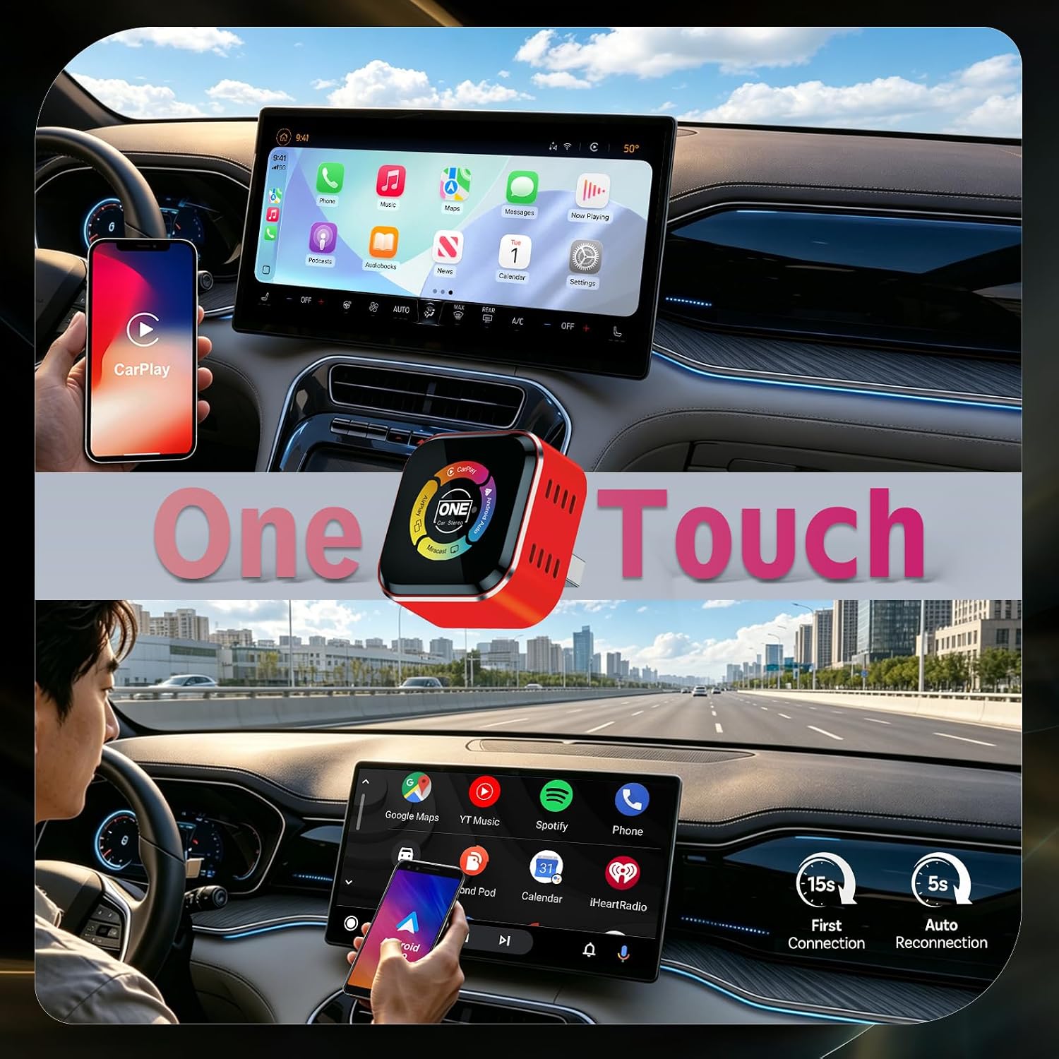 OneCarStereo Wireless CarPlay Android Auto Adapter 4-in-1 Video Mirror, One-Touch Screen Mirroring Dongle with Wireless AirPlay & Miracast, Watch YouTube Phone Apps, Plug & Play for OEM Wired CarPlay