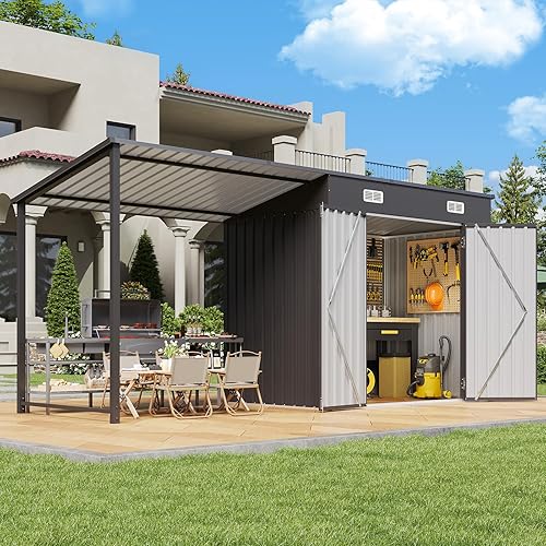Aoxun 6x4FT Outdoor Storage Shed & Hardtop Gazebo Combo, 12x4FT Metal Lean to Shed with Open-Sided Pergola, Durable Garden Tool Shed for Patio, Backyard, Deck