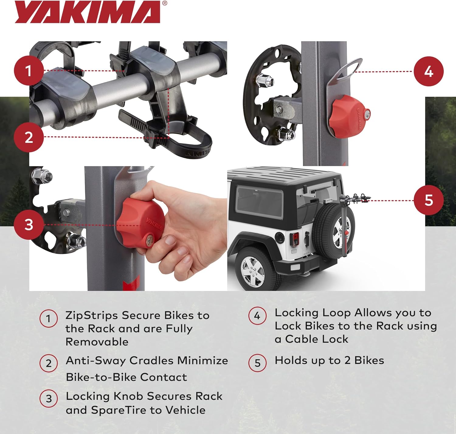 Деталдаштырылган view of Yakima SpareRide bike rack features including ZipStrips, anti-sway cradles, and locking knob