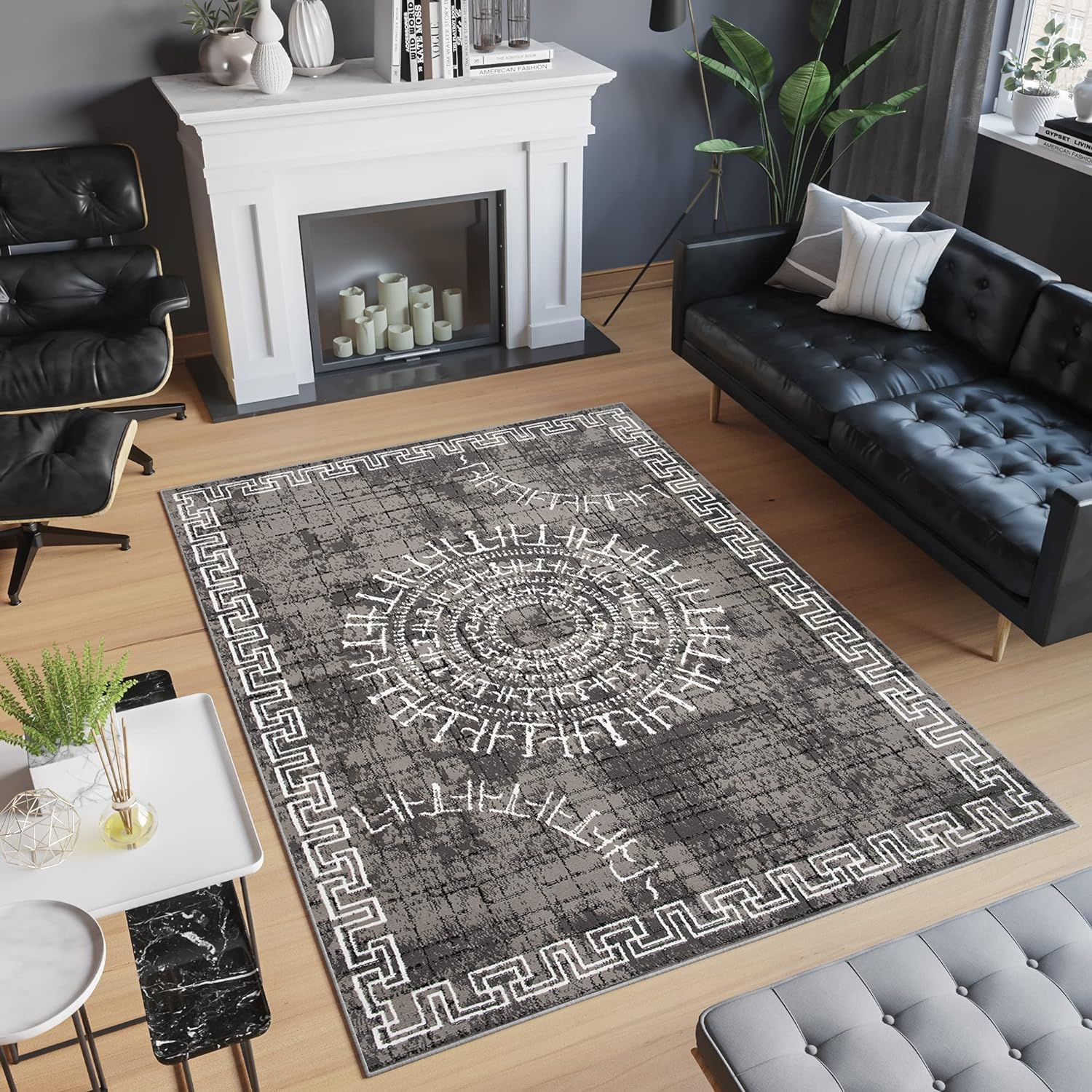 TAPISO Patras Tapis Poils Ras Moderne Blanc Gris Noir Motif Grec Rayures Bordure Tapis Salon Chambre Adulte Salle à Manger Bureau Oeko-TEX Résistant 140 x 200 cm