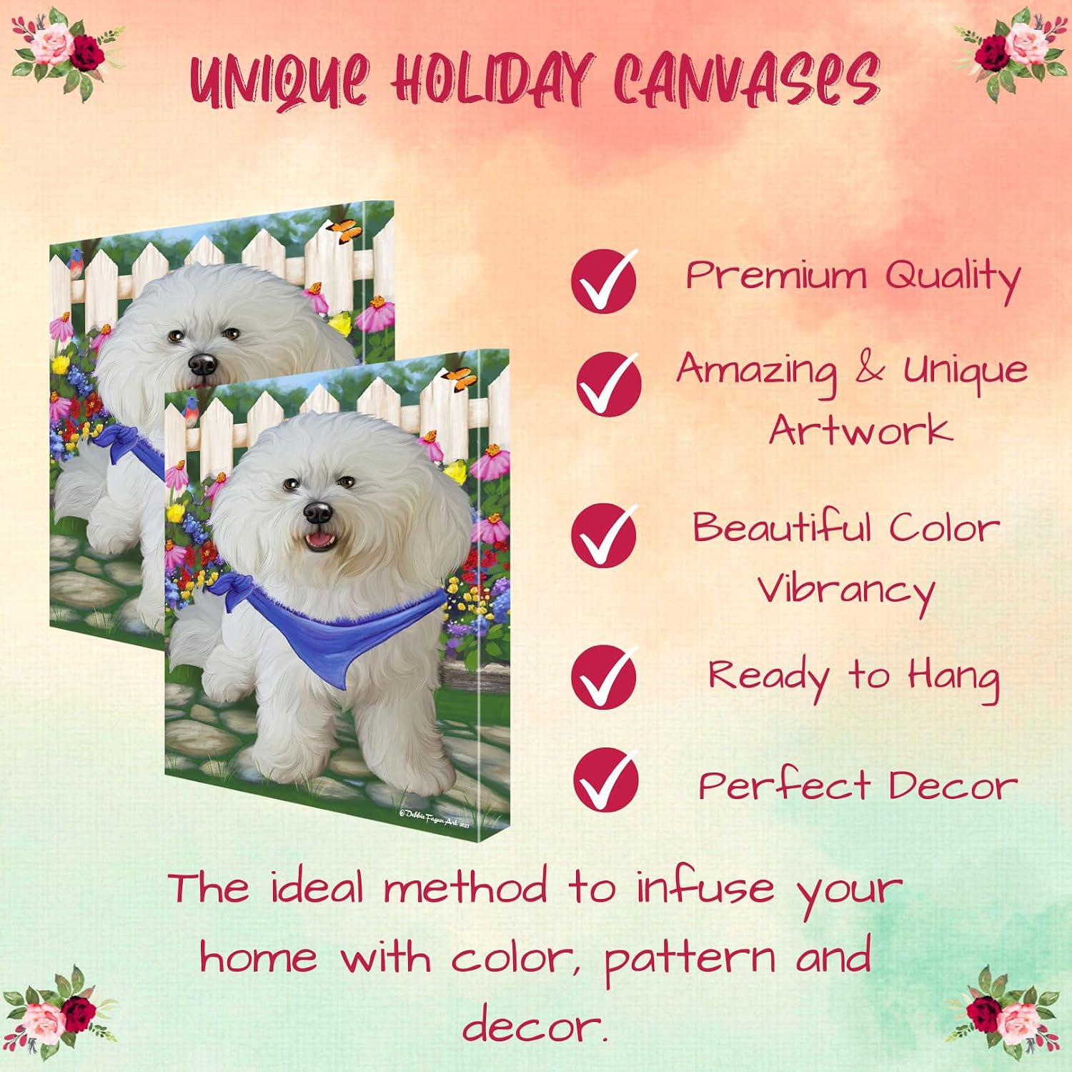Doggie of the Day Spring Floral with Bichon Frise Dogs Canvas Wall Art - Premium Quality Ready to Hang Room Decor - Flat Rolled 11" x 14"
