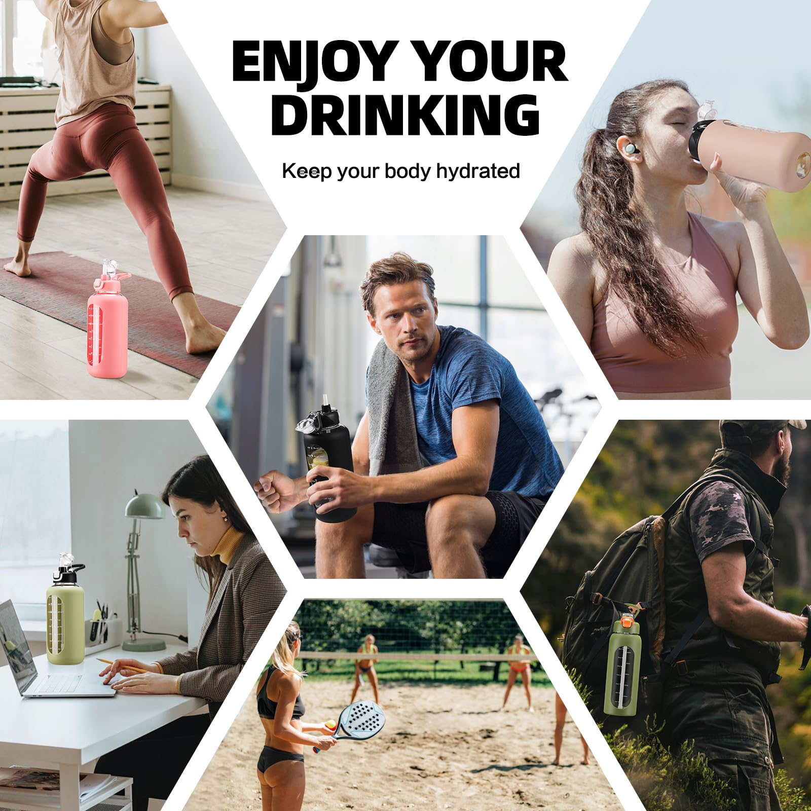 chunmo Bouteille d'eau en verre de 950 ml avec paille - Grande bouteille d'eau motivante avec marqueur de temps - Bouteille d'eau de sport avec manchon en silicone et couvercle à poignée pour