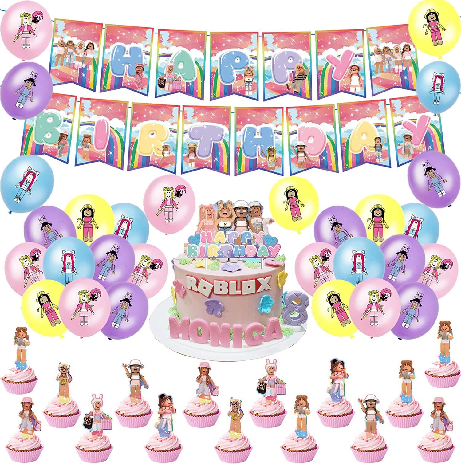 Roblox Character Birthday Party Decorations - Pink Cartoon Balloons, Cake Toppers & Banner (1pcs Banner, 13pcs Toppers, 20pcs Balloons)