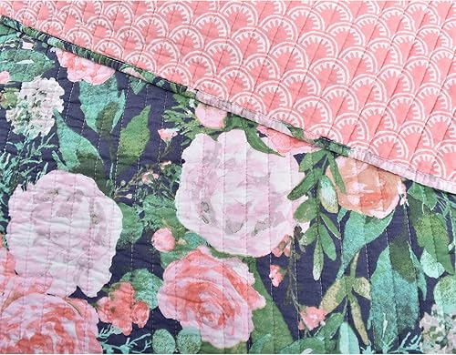 Miniatura 5 de Juego de edredón King de 3 piezas, colcha reversible acolchada 100% algodón con fundas, hermoso patrón floral para todas las estaciones (rosa y