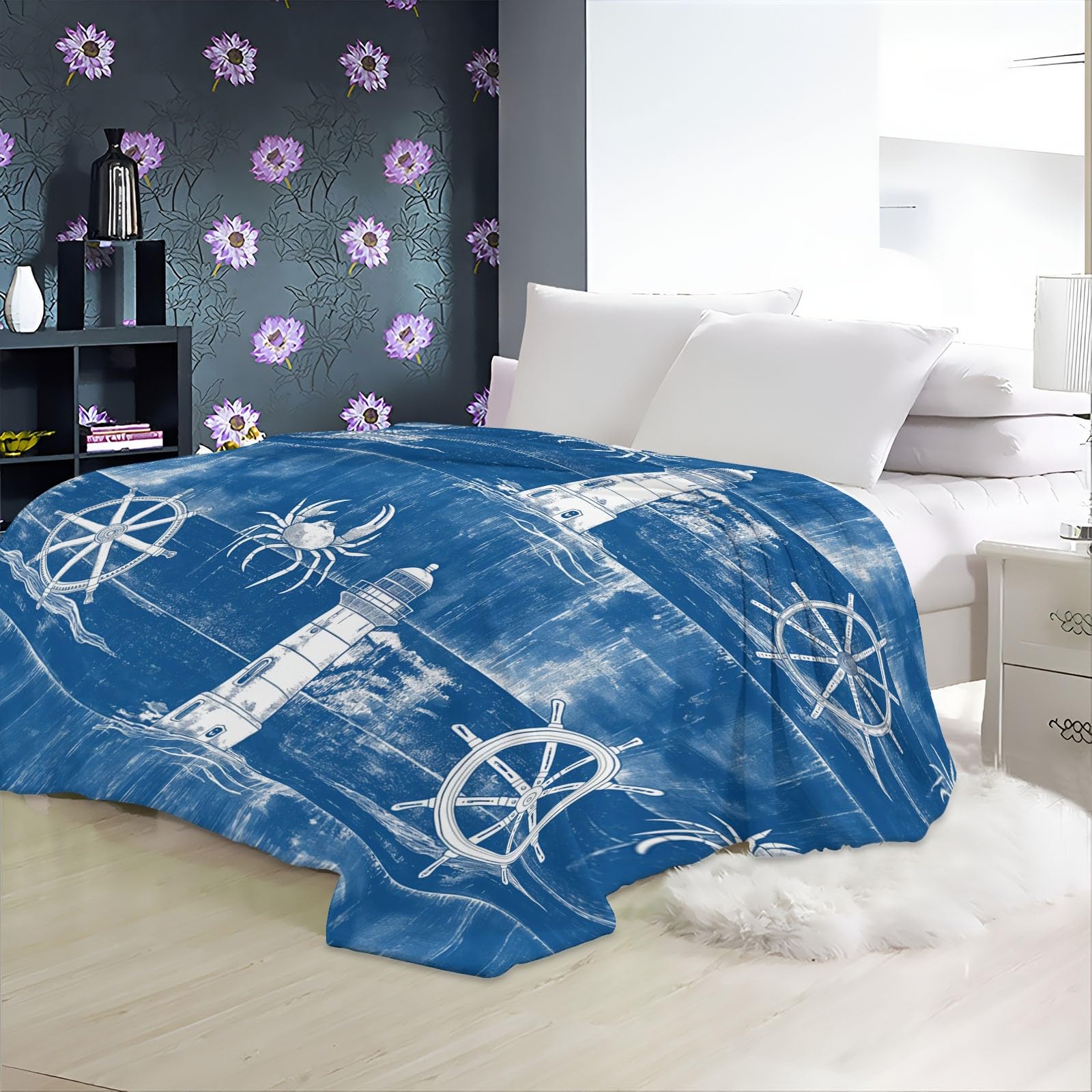 Koc flanelowy 180 x 200 cm, w stylu akwarelowym, latarnia morska, koło z nadrukiem 3D, koc na sofę, koc wełniany, koc do klimatyzacji, do salonu i sypialni