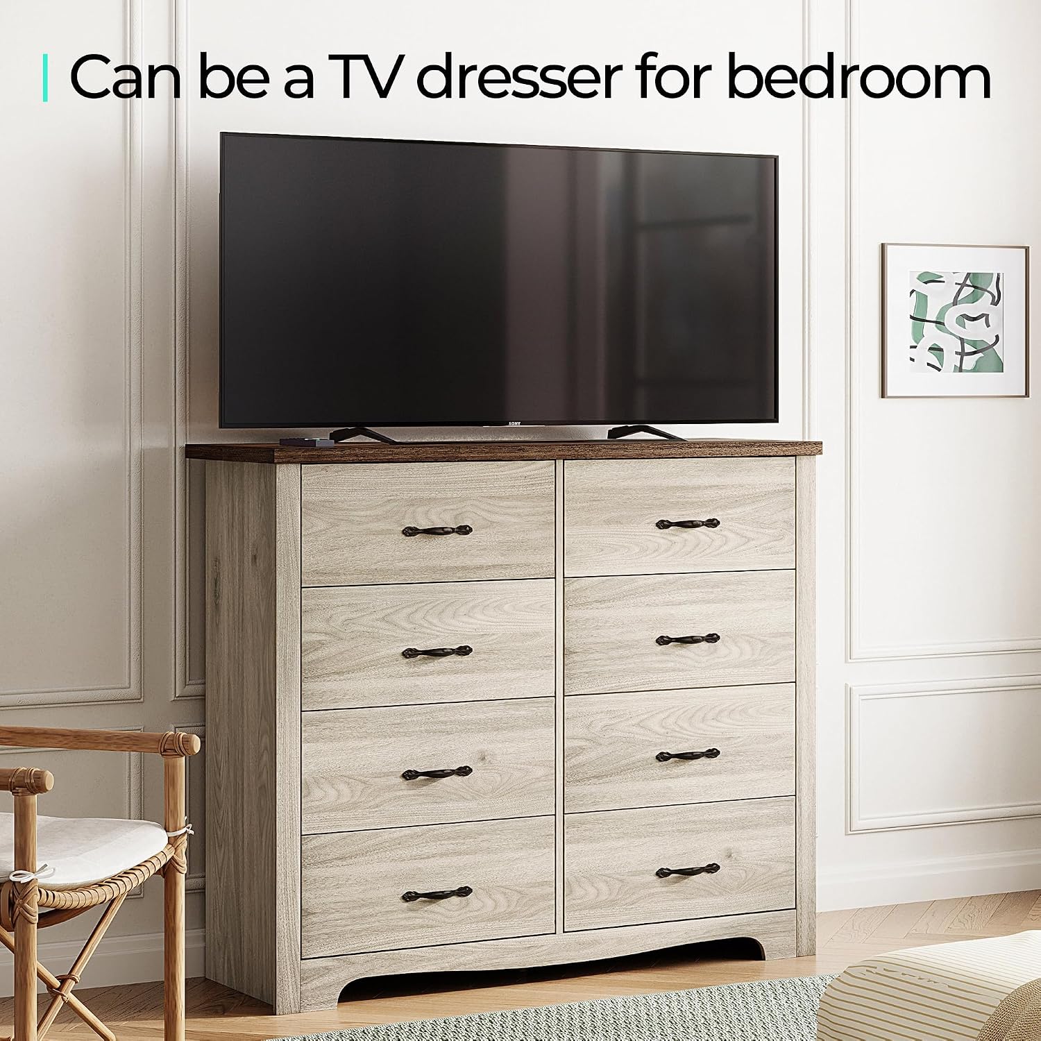 Dresser used as a TV stand in a bedroom setting