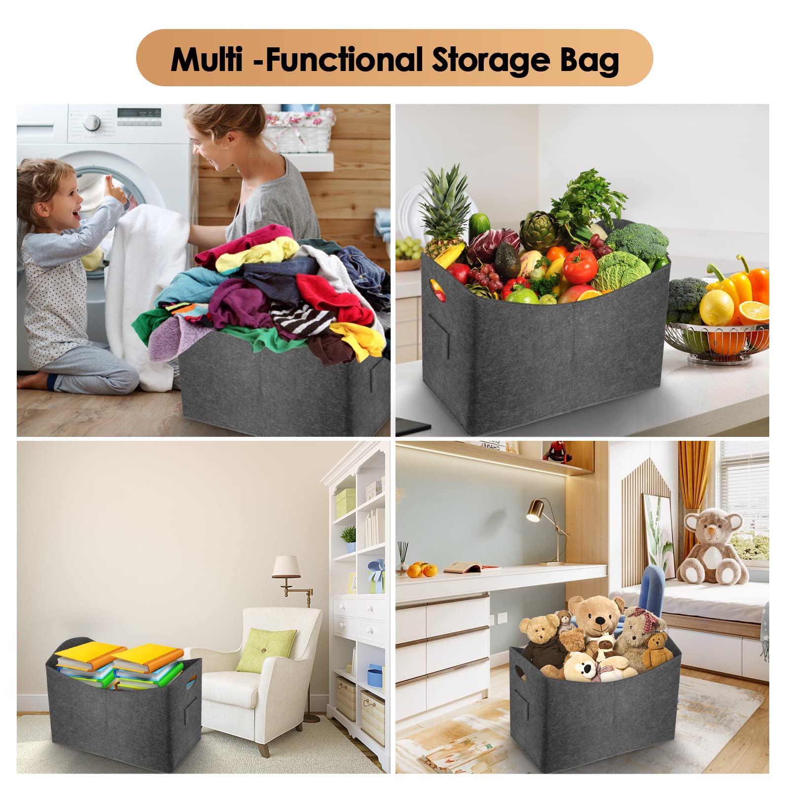 Qoosea Panier à Bûches en Feutre, Pliable Panier de Rangement Bûches avec Poignées de Transport pour Bois, Journaux, Magazines, Jouets 53 x 30 x 40 (Gris Foncé)