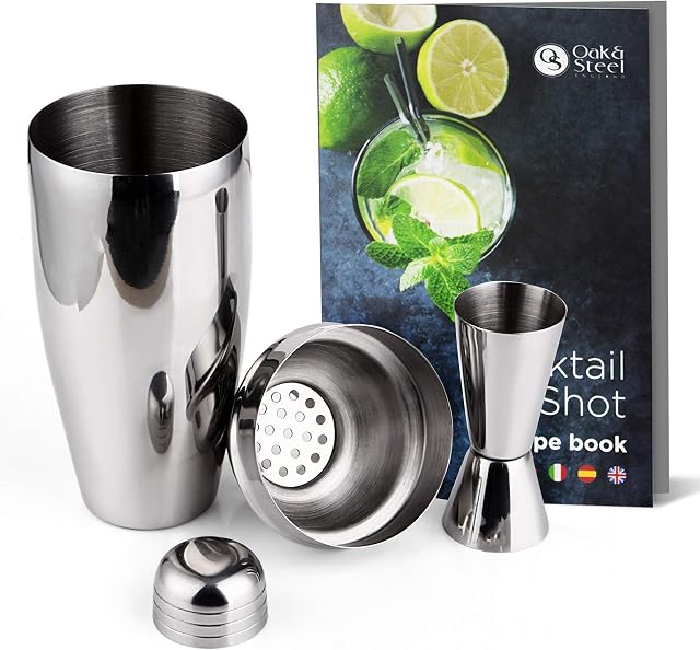 Oak & Steel - Stainless Steel Boston Cocktail Shaker, 550ml with Jigger and Shot Recipe Book - Gift Set for Home Bar Party Accessories