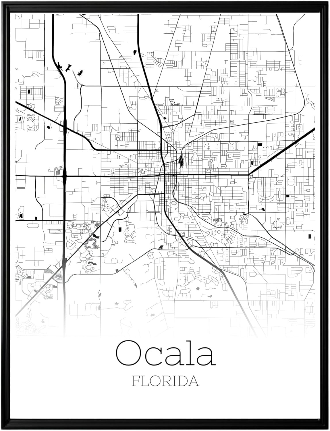 GroovyGrove Ocala Florida Map Poster Wall Art, United States City Map Wall Art Prints, Modern Black and White Map Wall Art Decor for Home Office, Bedroom, Living Room (Unframed)