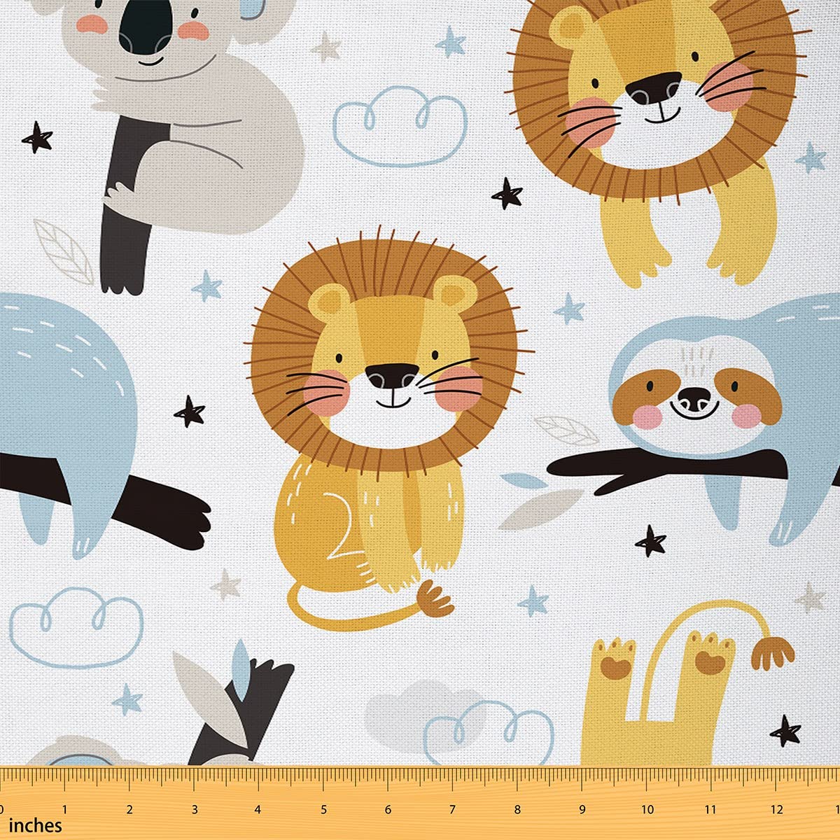 Cartoon Tropical Animal Outdoor Fabric by The Yard,Cute Lion Koala Sloth Fabric for Home DIY Projects,Starry Geometric Pattern Decorative Fabric for Room Decor,1 Yard