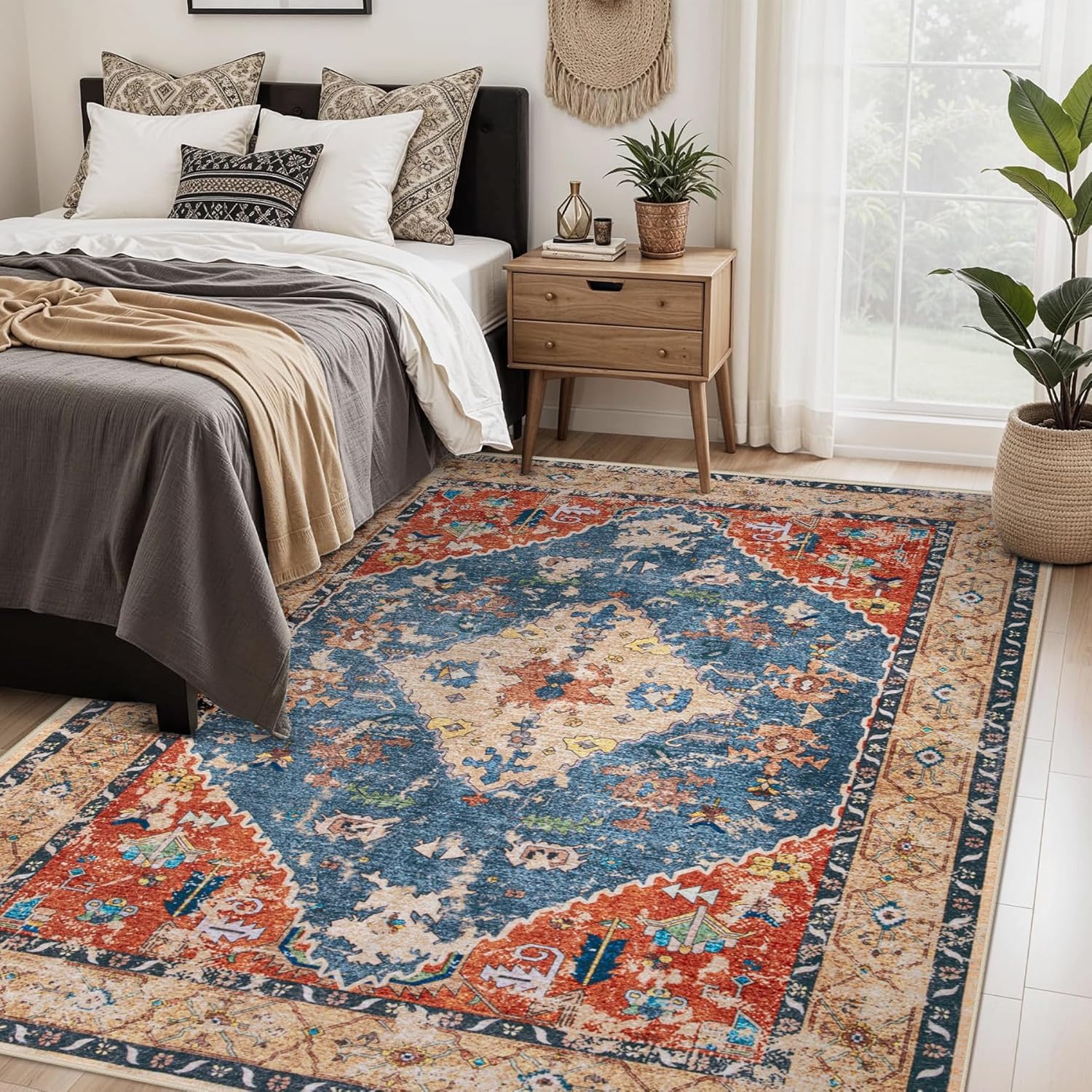 Tapis de décoration à poils ras motifs floraux vintage rouge orange bleu 120x200 cm